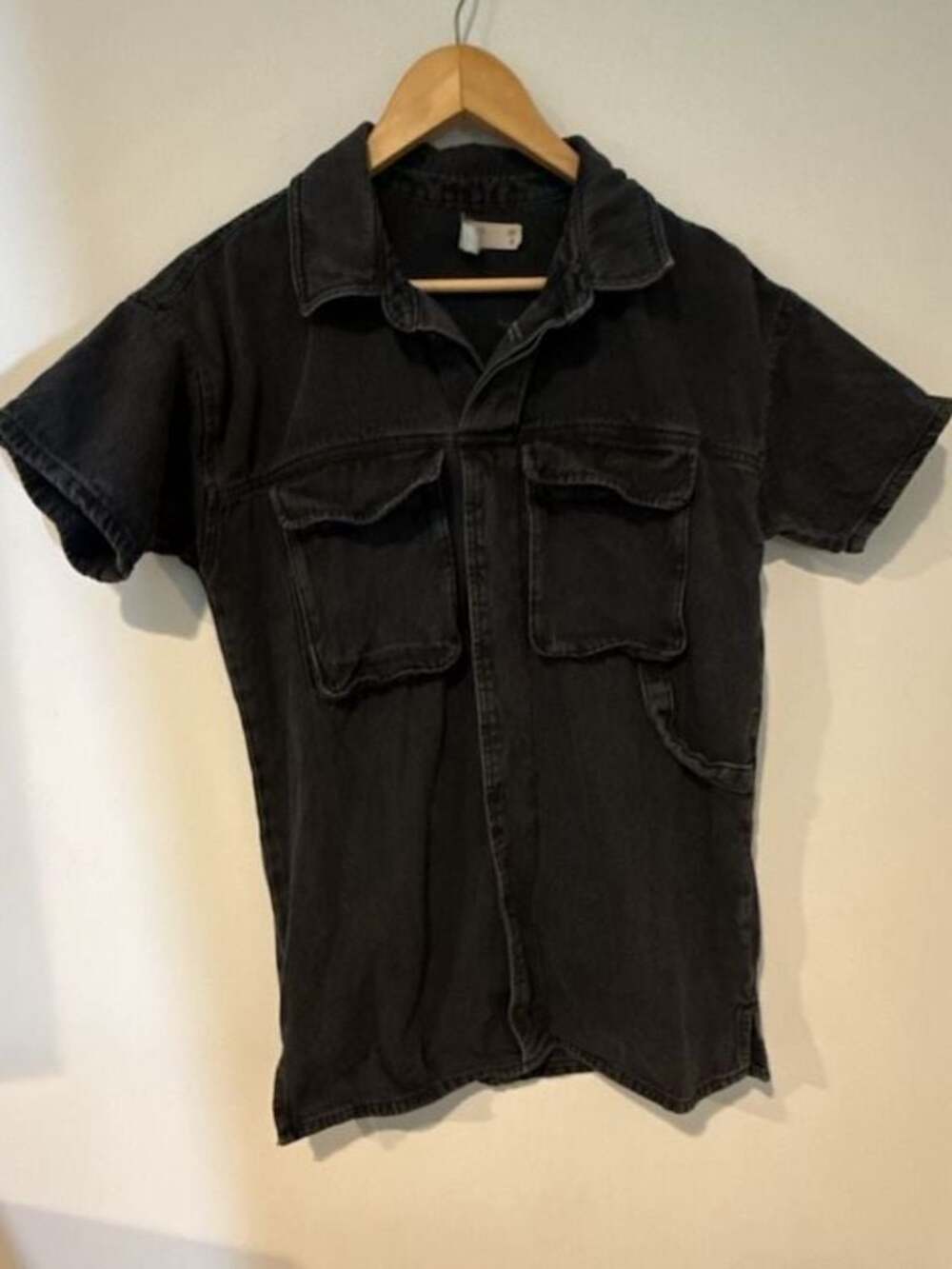 ASOS Denim Short Sleeve Utility Button-Down Shirt in Washed Black